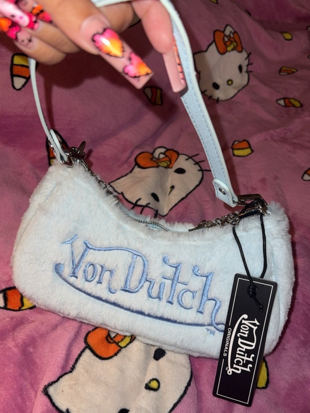 Von Dutch blue fuzzy shoulder bag